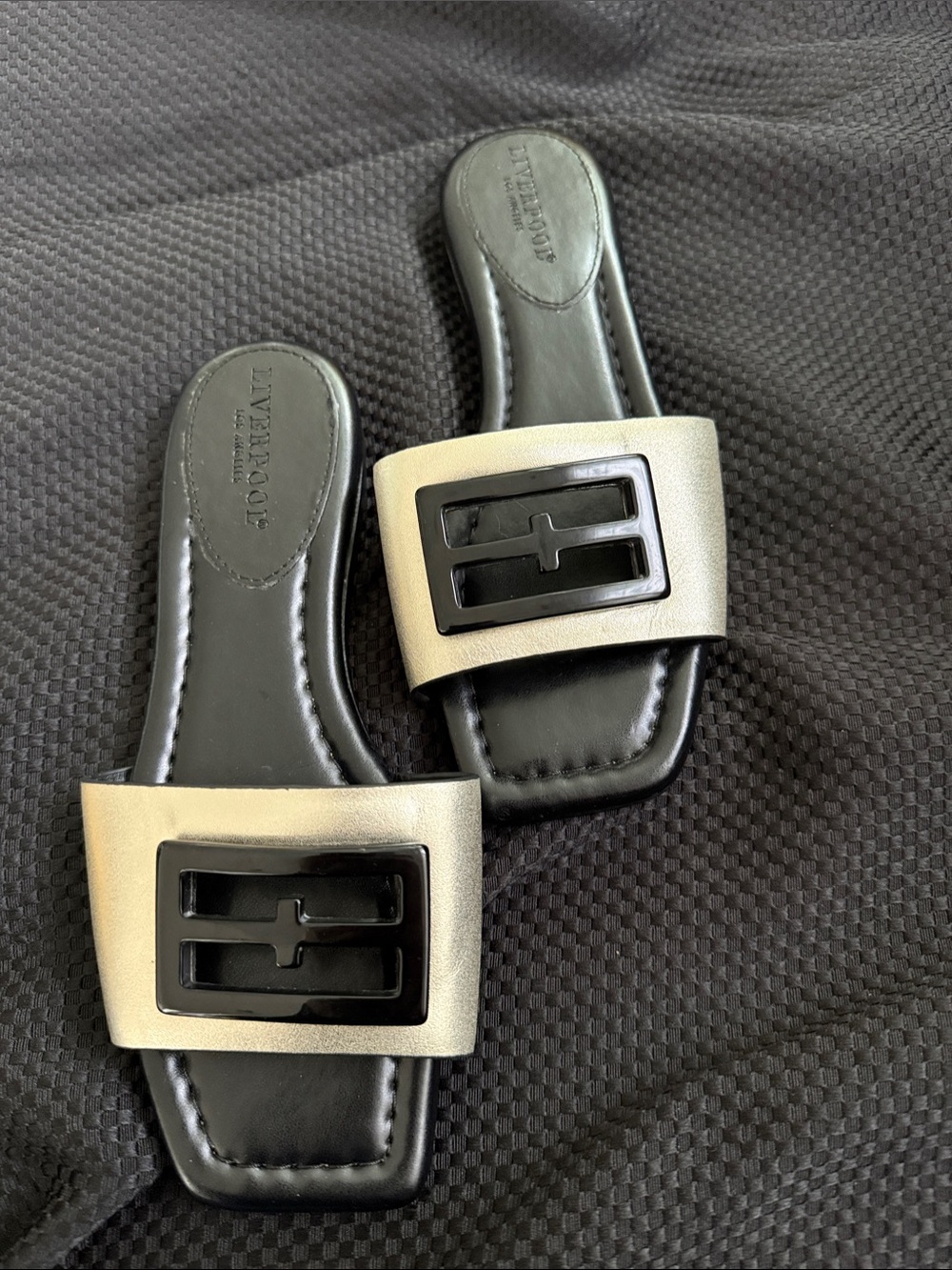 Women’s Black & Cream Slide Sandals with Decorative Buckle